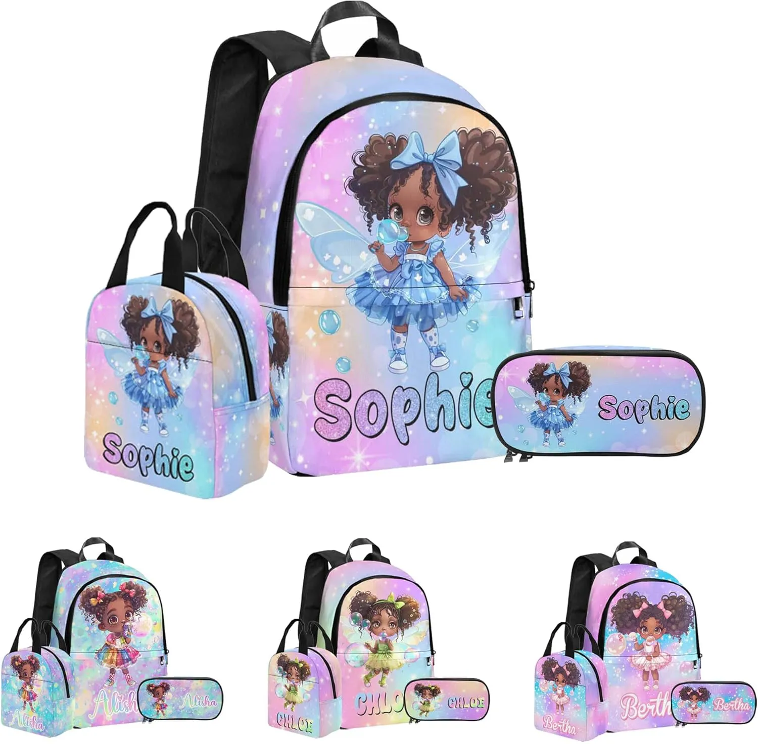 Personalized Girls Backpack with Lunch Bag Set, Custom Bookbag School Bags with Water Bottle for Daughter Kids, Cute Girl Pattern Customized Backpack Book Bag
