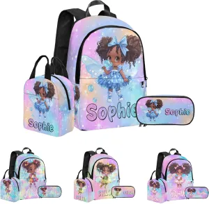 Personalized Girls Backpack with Lunch Bag Set, Custom Bookbag School Bags with Water Bottle for Daughter Kids, Cute Girl Pattern Customized Backpack Book Bag