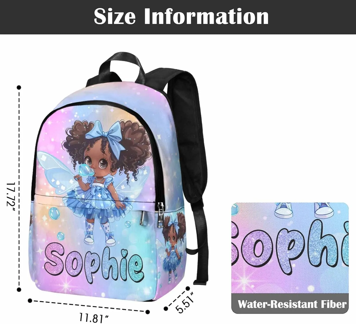 Personalized Girls Backpack with Lunch Bag Set, Custom Bookbag School Bags with Water Bottle for Daughter Kids, Cute Girl Pattern Customized Backpack Book Bag