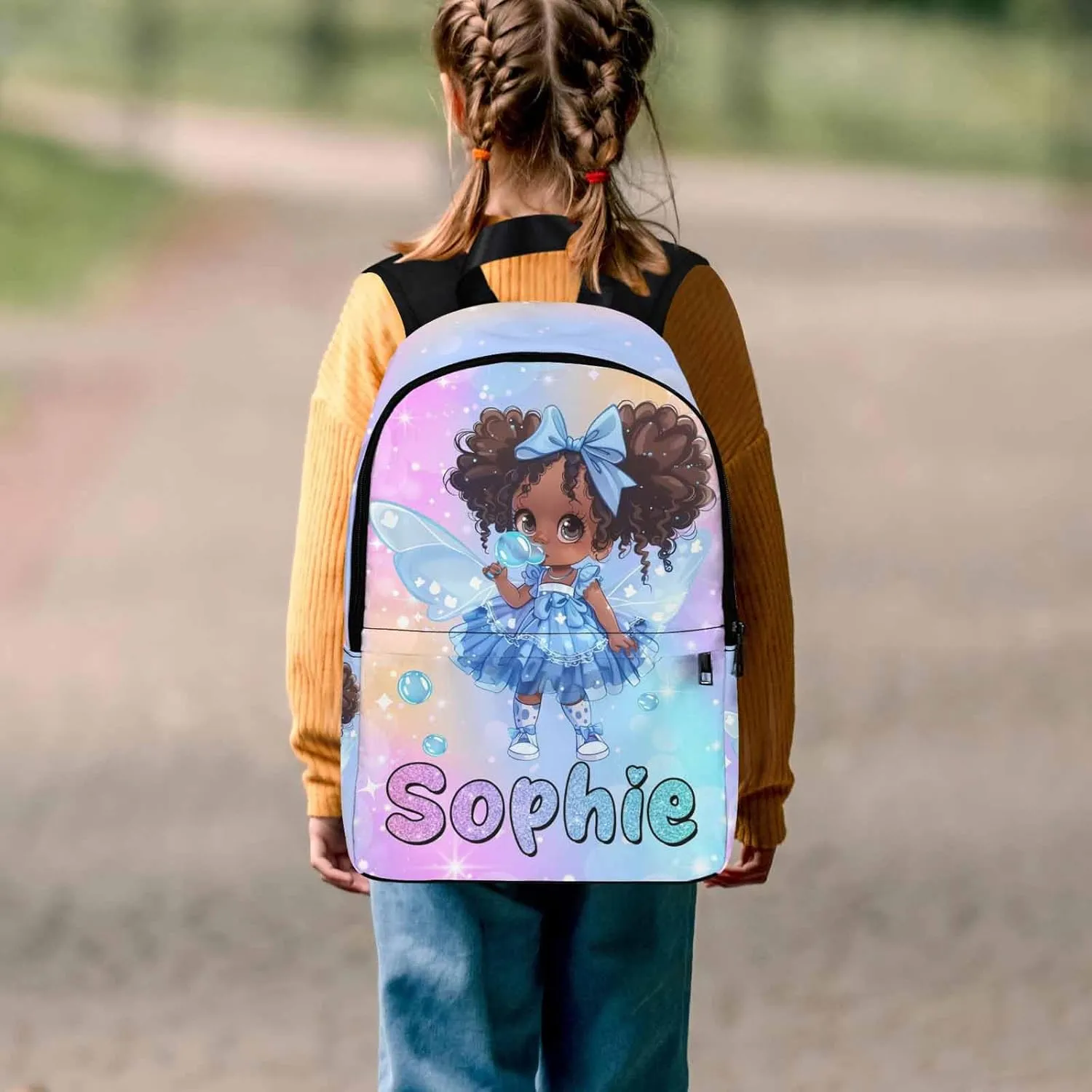 Personalized Girls Backpack with Lunch Bag Set, Custom Bookbag School Bags with Water Bottle for Daughter Kids, Cute Girl Pattern Customized Backpack Book Bag