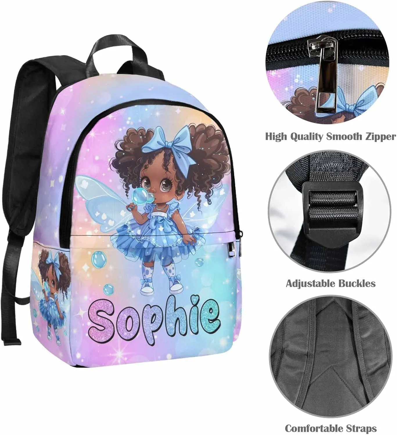 Personalized Girls Backpack with Lunch Bag Set, Custom Bookbag School Bags with Water Bottle for Daughter Kids, Cute Girl Pattern Customized Backpack Book Bag