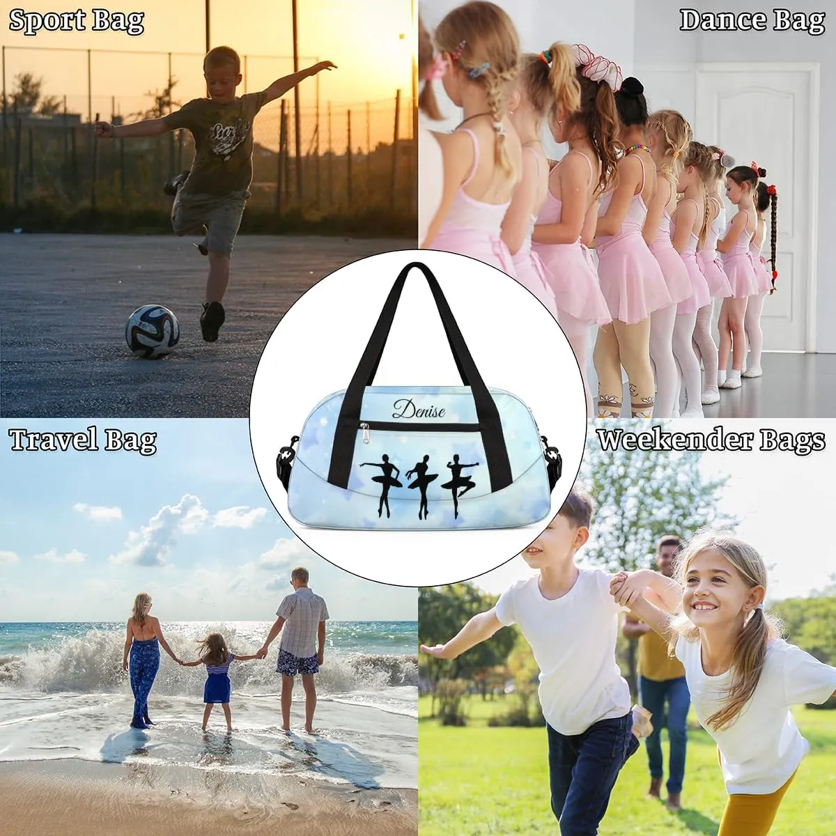 Personalized Gym Bag for Girls Teens, Custom Dance Bag Overnight Small Duffel Bag Carry On Weekend Sports Travel Bag for School Practice Gymnastics Ballet, Blue Stars