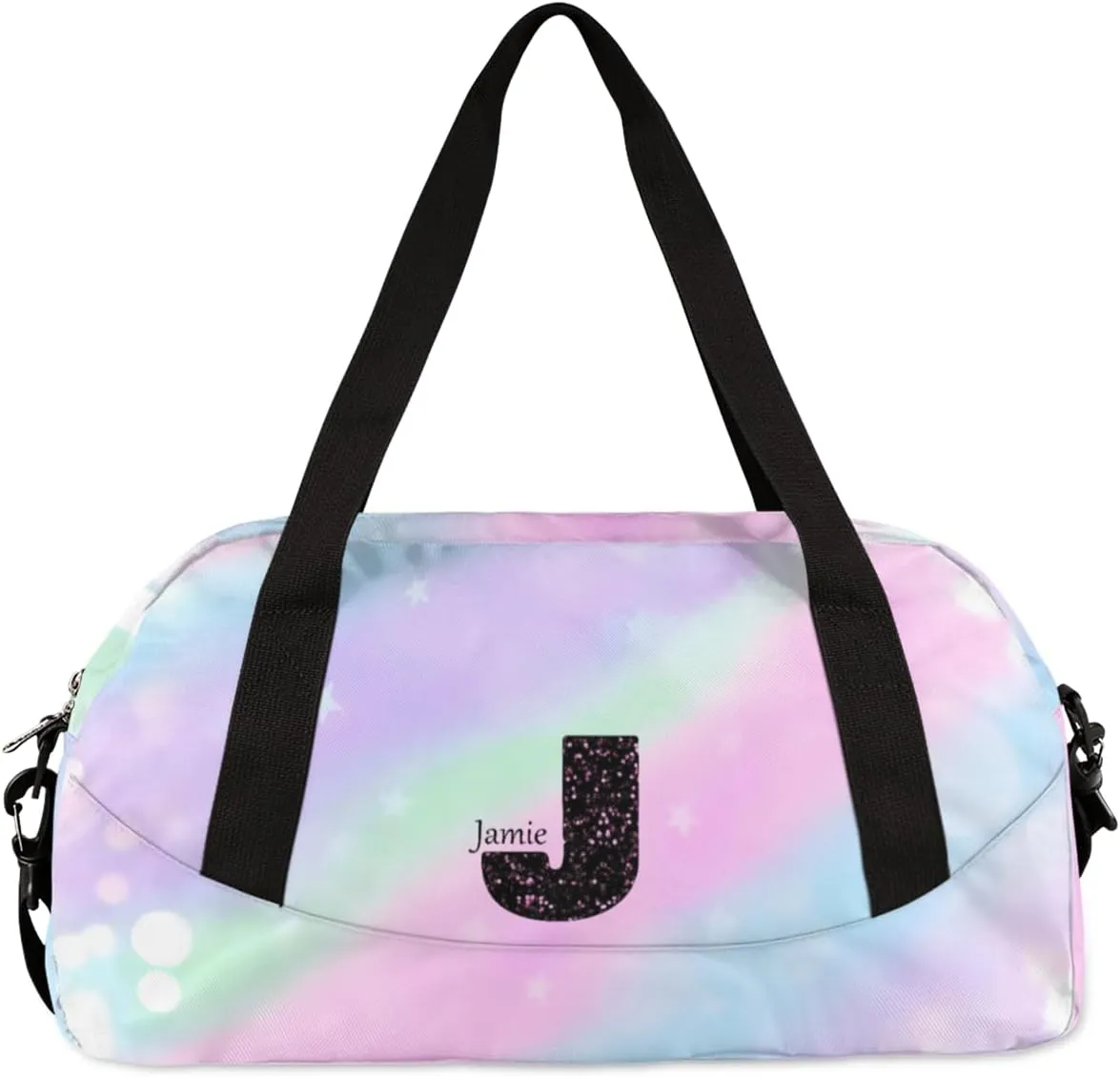Personalized Gym Bag for Girls Teens, Custom Dance Bag Overnight Small Duffel Bag Carry On Weekend Sports Travel Bag for School Practice Gymnastics Ballet, Colorful Stars Spots-J
