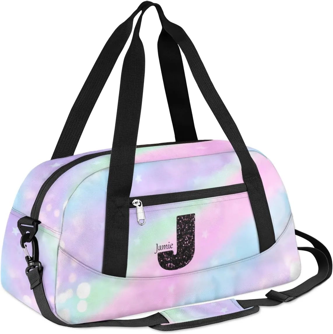 Personalized Gym Bag for Girls Teens, Custom Dance Bag Overnight Small Duffel Bag Carry On Weekend Sports Travel Bag for School Practice Gymnastics Ballet, Colorful Stars Spots-J