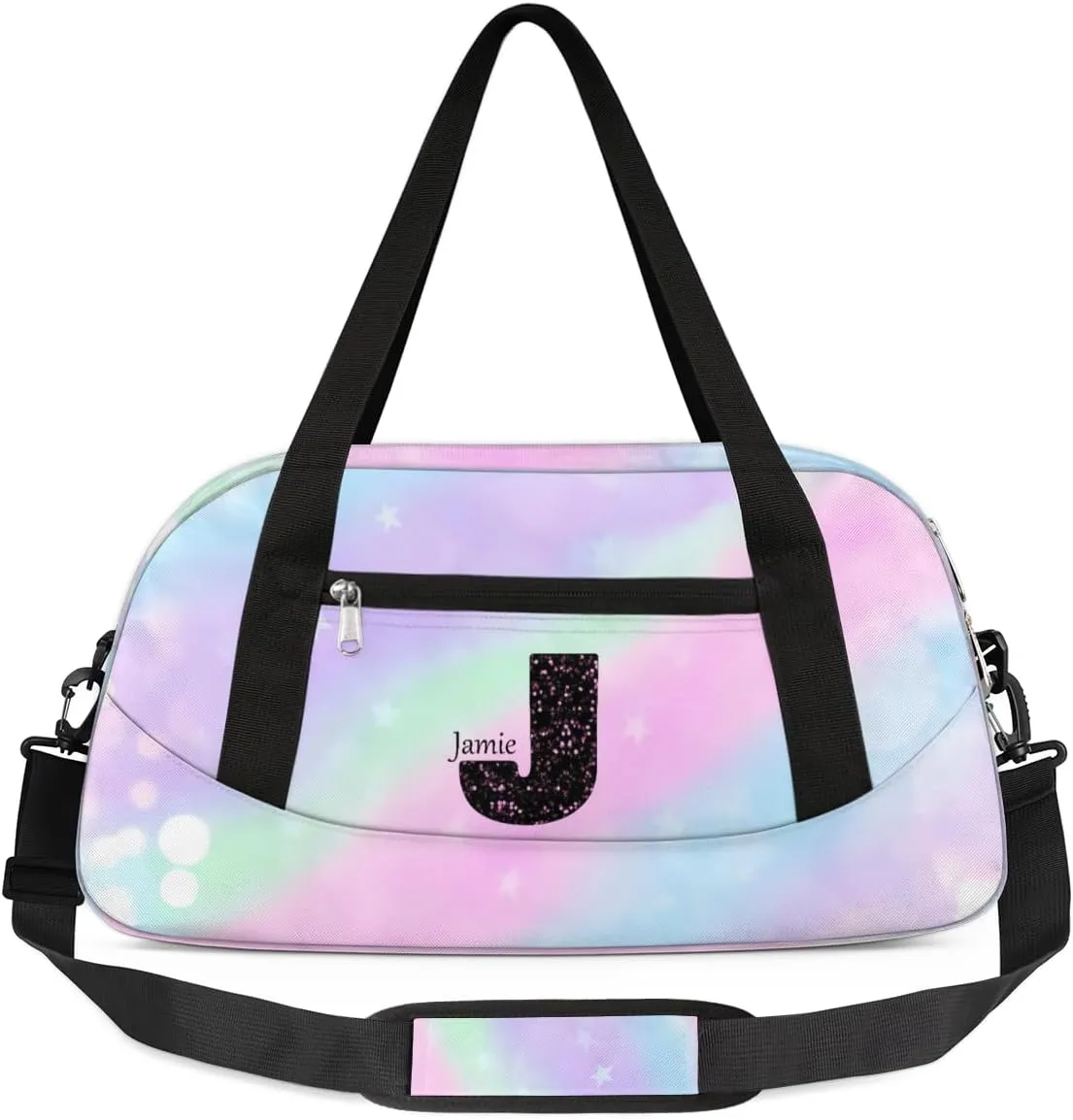 Personalized Gym Bag for Girls Teens, Custom Dance Bag Overnight Small Duffel Bag Carry On Weekend Sports Travel Bag for School Practice Gymnastics Ballet, Colorful Stars Spots-J