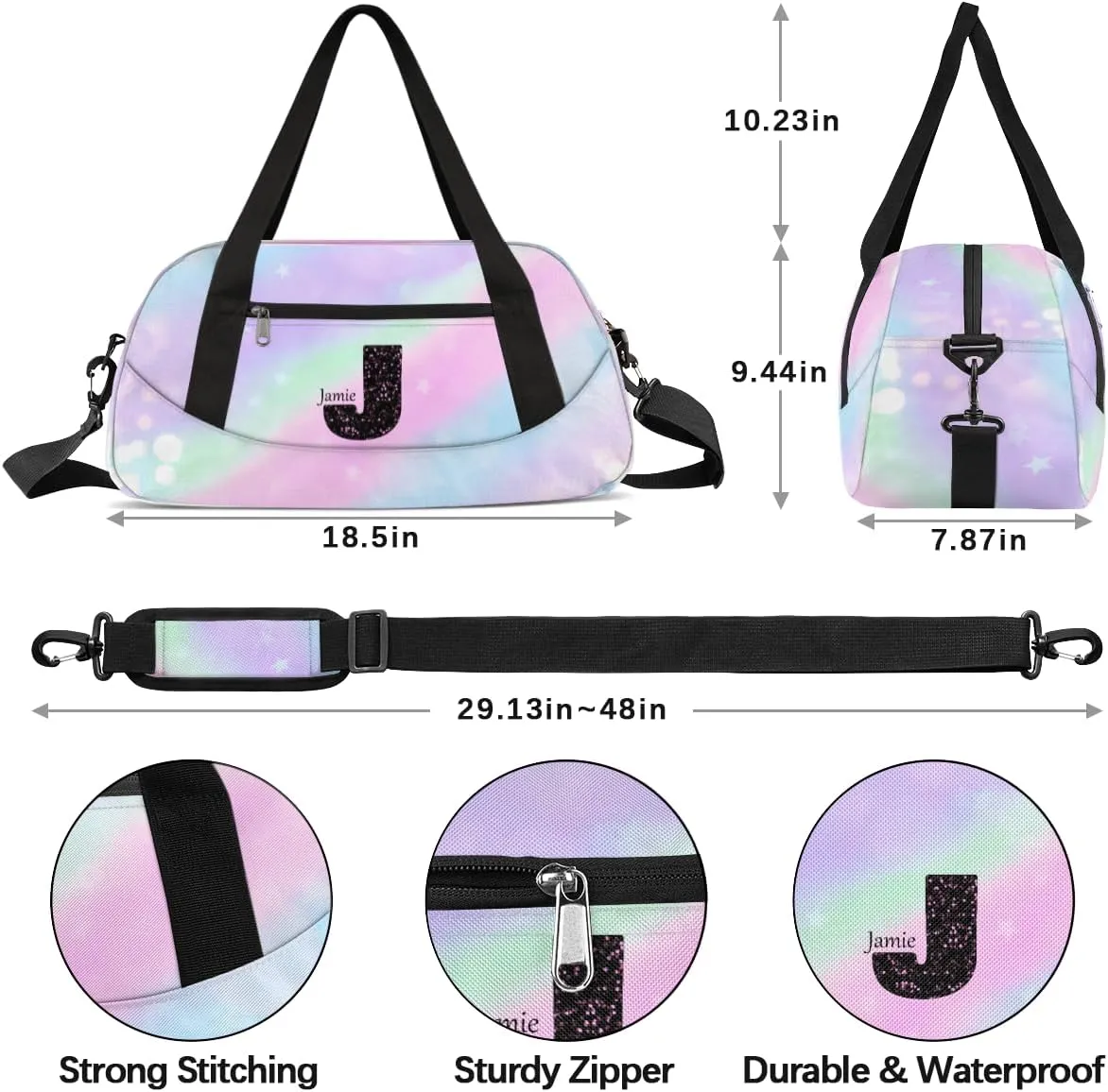 Personalized Gym Bag for Girls Teens, Custom Dance Bag Overnight Small Duffel Bag Carry On Weekend Sports Travel Bag for School Practice Gymnastics Ballet, Colorful Stars Spots-J