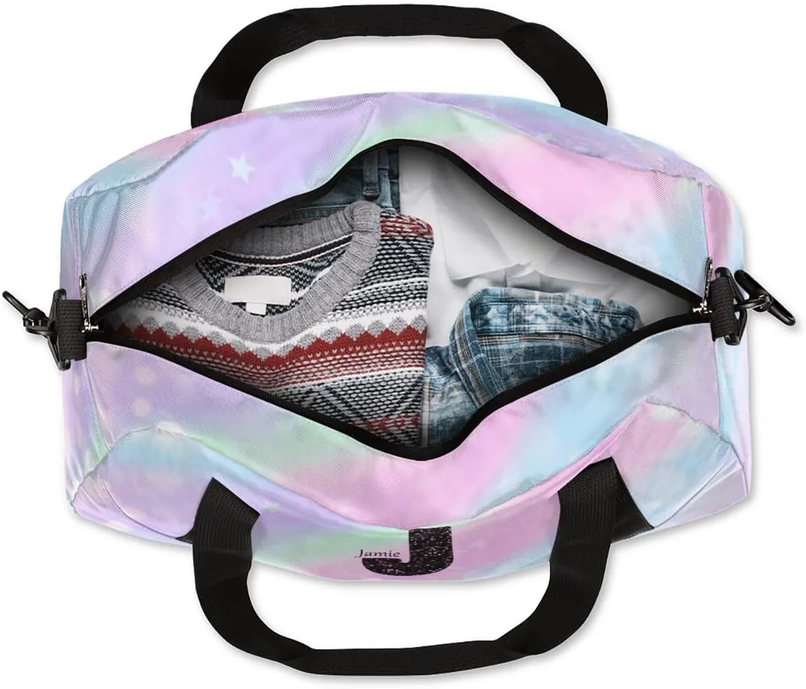 Personalized Gym Bag for Girls Teens, Custom Dance Bag Overnight Small Duffel Bag Carry On Weekend Sports Travel Bag for School Practice Gymnastics Ballet, Colorful Stars Spots-J