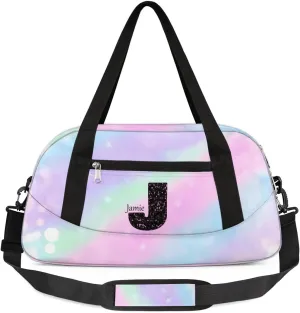 Personalized Gym Bag for Girls Teens, Custom Dance Bag Overnight Small Duffel Bag Carry On Weekend Sports Travel Bag for School Practice Gymnastics Ballet, Colorful Stars Spots-J