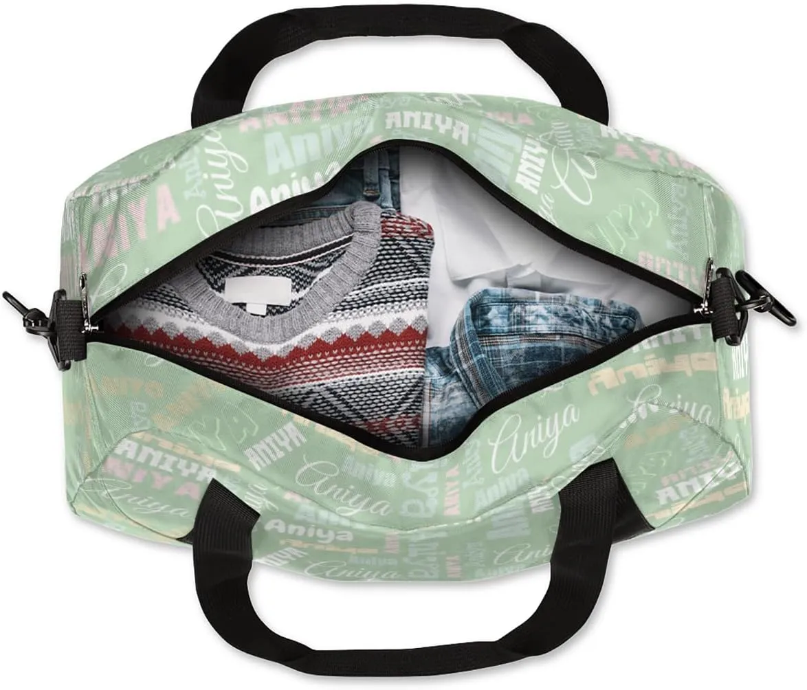 Personalized Gym Bag for Girls Teens, Custom Dance Bag Overnight Small Duffel Bag Carry On Weekend Sports Travel Bag for School Practice Gymnastics Ballet, Dense Text Light Green Multicolor