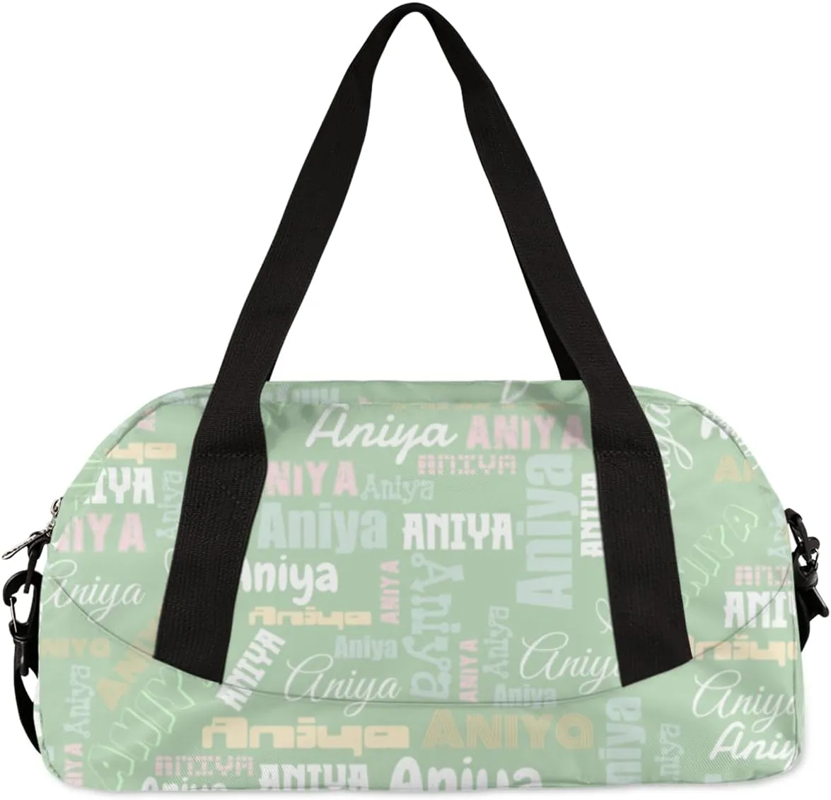 Personalized Gym Bag for Girls Teens, Custom Dance Bag Overnight Small Duffel Bag Carry On Weekend Sports Travel Bag for School Practice Gymnastics Ballet, Dense Text Light Green Multicolor