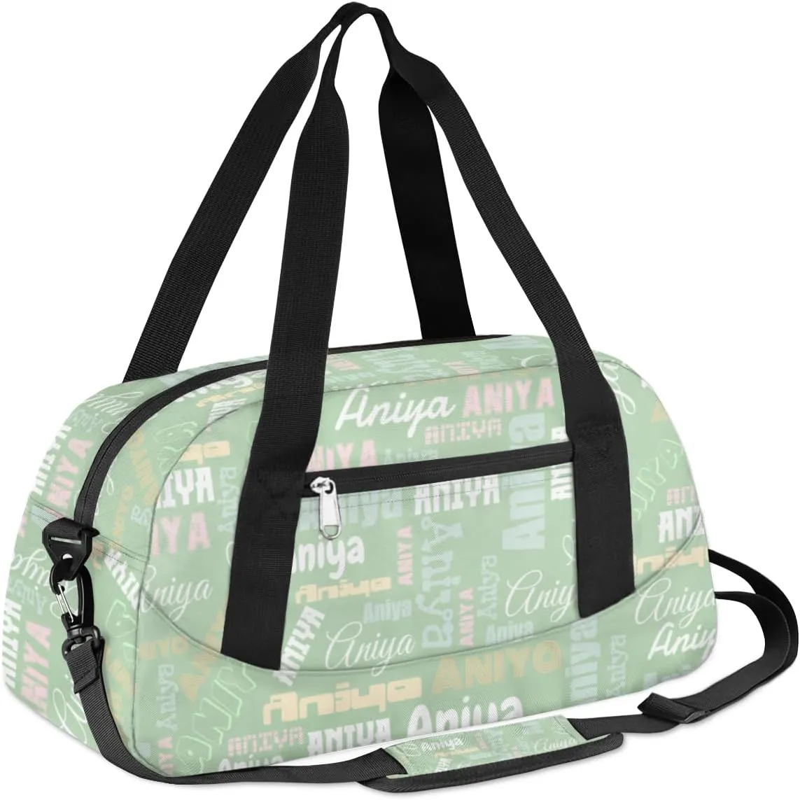 Personalized Gym Bag for Girls Teens, Custom Dance Bag Overnight Small Duffel Bag Carry On Weekend Sports Travel Bag for School Practice Gymnastics Ballet, Dense Text Light Green Multicolor