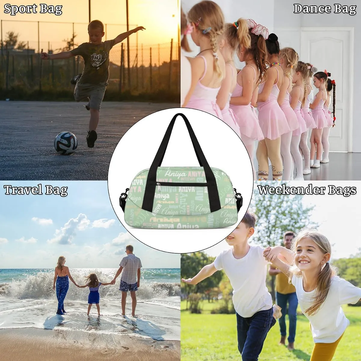 Personalized Gym Bag for Girls Teens, Custom Dance Bag Overnight Small Duffel Bag Carry On Weekend Sports Travel Bag for School Practice Gymnastics Ballet, Dense Text Light Green Multicolor
