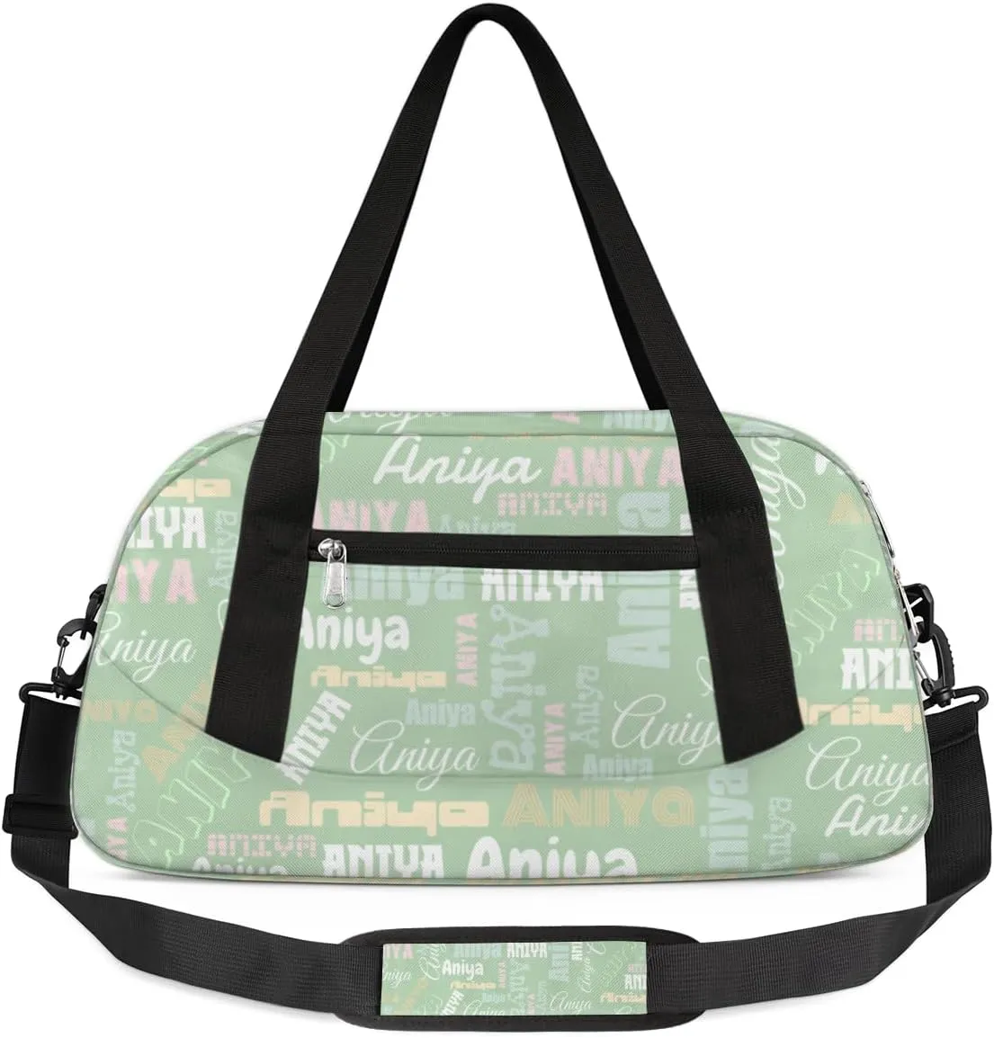 Personalized Gym Bag for Girls Teens, Custom Dance Bag Overnight Small Duffel Bag Carry On Weekend Sports Travel Bag for School Practice Gymnastics Ballet, Dense Text Light Green Multicolor