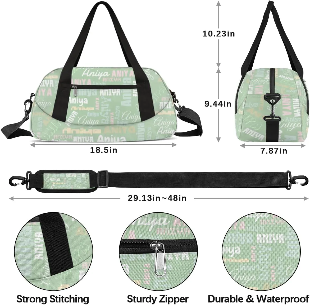 Personalized Gym Bag for Girls Teens, Custom Dance Bag Overnight Small Duffel Bag Carry On Weekend Sports Travel Bag for School Practice Gymnastics Ballet, Dense Text Light Green Multicolor