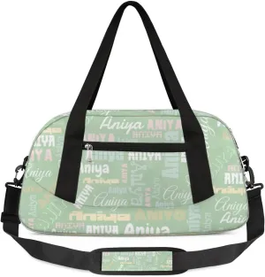 Personalized Gym Bag for Girls Teens, Custom Dance Bag Overnight Small Duffel Bag Carry On Weekend Sports Travel Bag for School Practice Gymnastics Ballet, Dense Text Light Green Multicolor