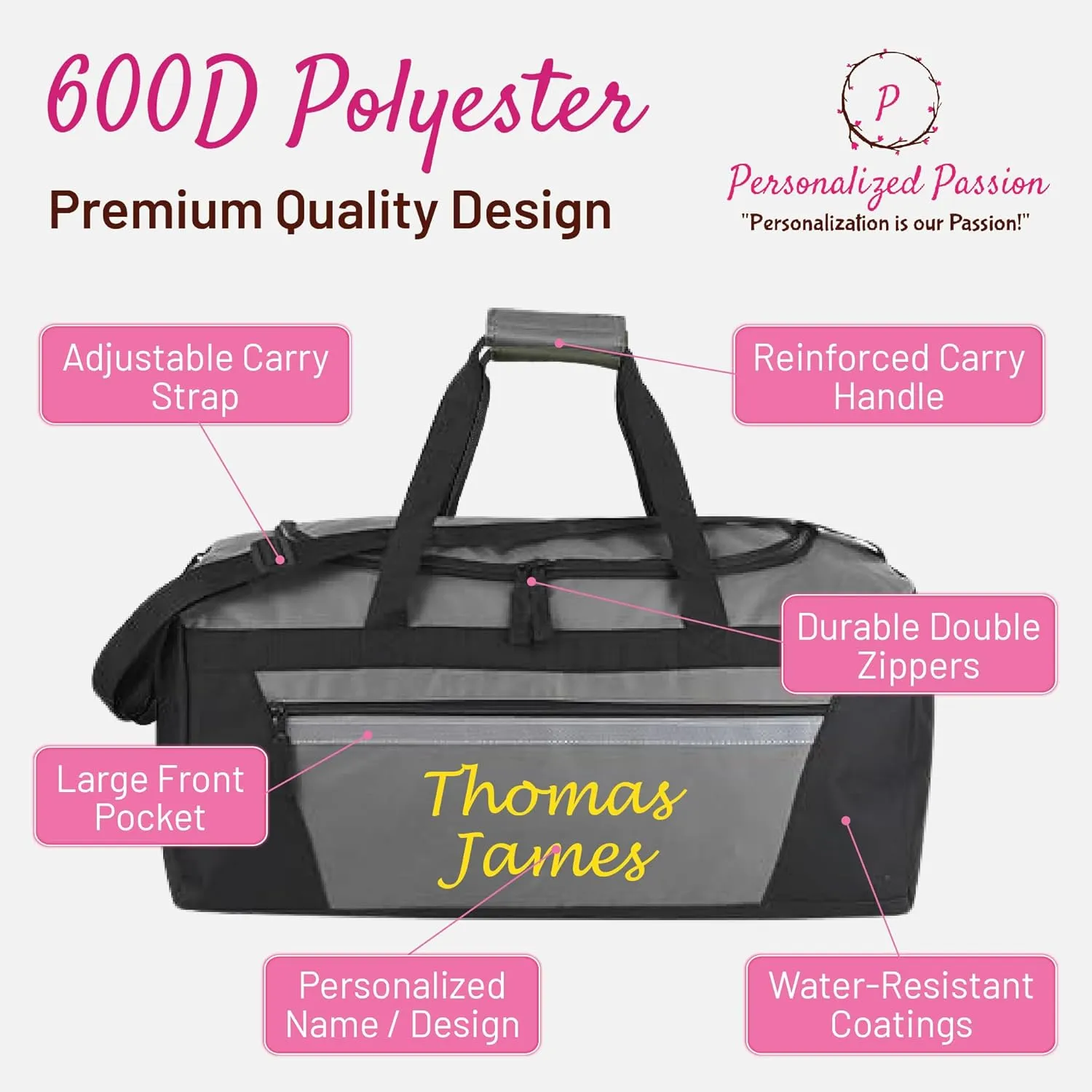 Personalized Passion Duffel Bag for Men and Women - Perfect Sized Water Resistant Travel Duffle - Custom Name Overnight Weekender Bag for Storage - Red