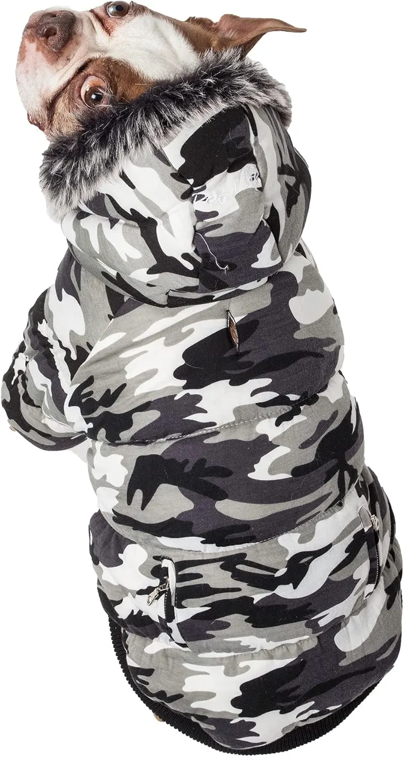 PET LIFE Classic Metallic Fashion Pet Dog Coat Jacket Parka w/ 3M Insulation and Removable Hood, Small, Deer Pattern