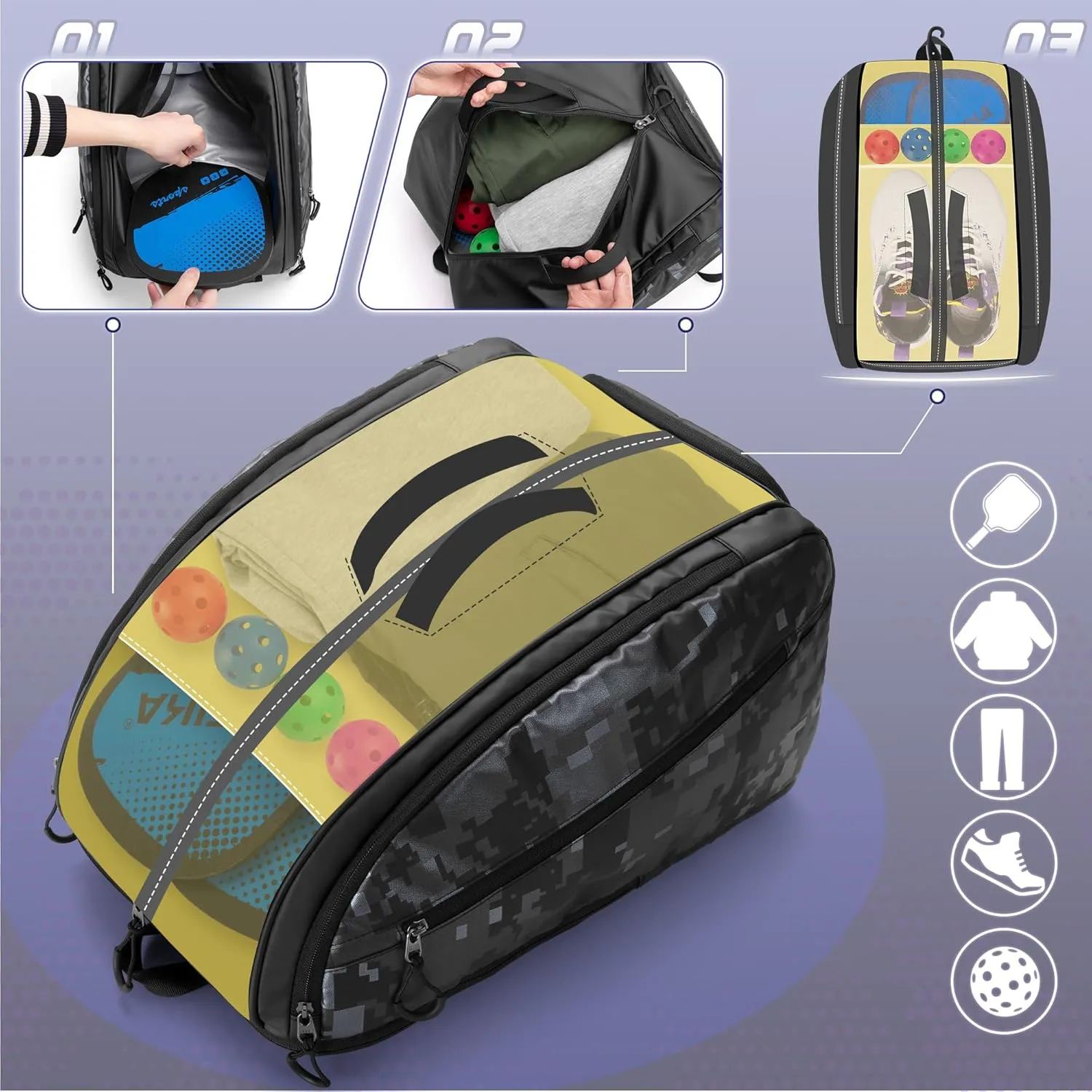 Pickleball Bag Fits 4 Pickleball Paddles, Pickleball Backpack with Laptop Pocket, Shoe Compartment and Fence Hook