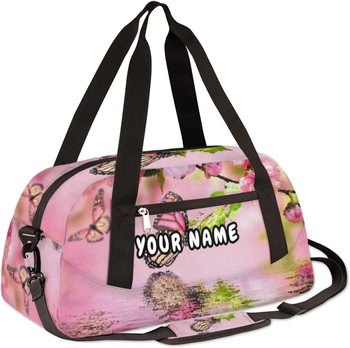 Pink Cherry Flower Butterfly Personalized Kids Duffel Bag for Girls, Butterfly Debris Custom Name Dance Bag Overnight Small Duffel Bag Carry On Sports Travel Bag for School Practice Gymnastics Ballet