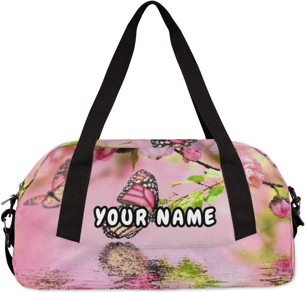 Pink Cherry Flower Butterfly Personalized Kids Duffel Bag for Girls, Butterfly Debris Custom Name Dance Bag Overnight Small Duffel Bag Carry On Sports Travel Bag for School Practice Gymnastics Ballet