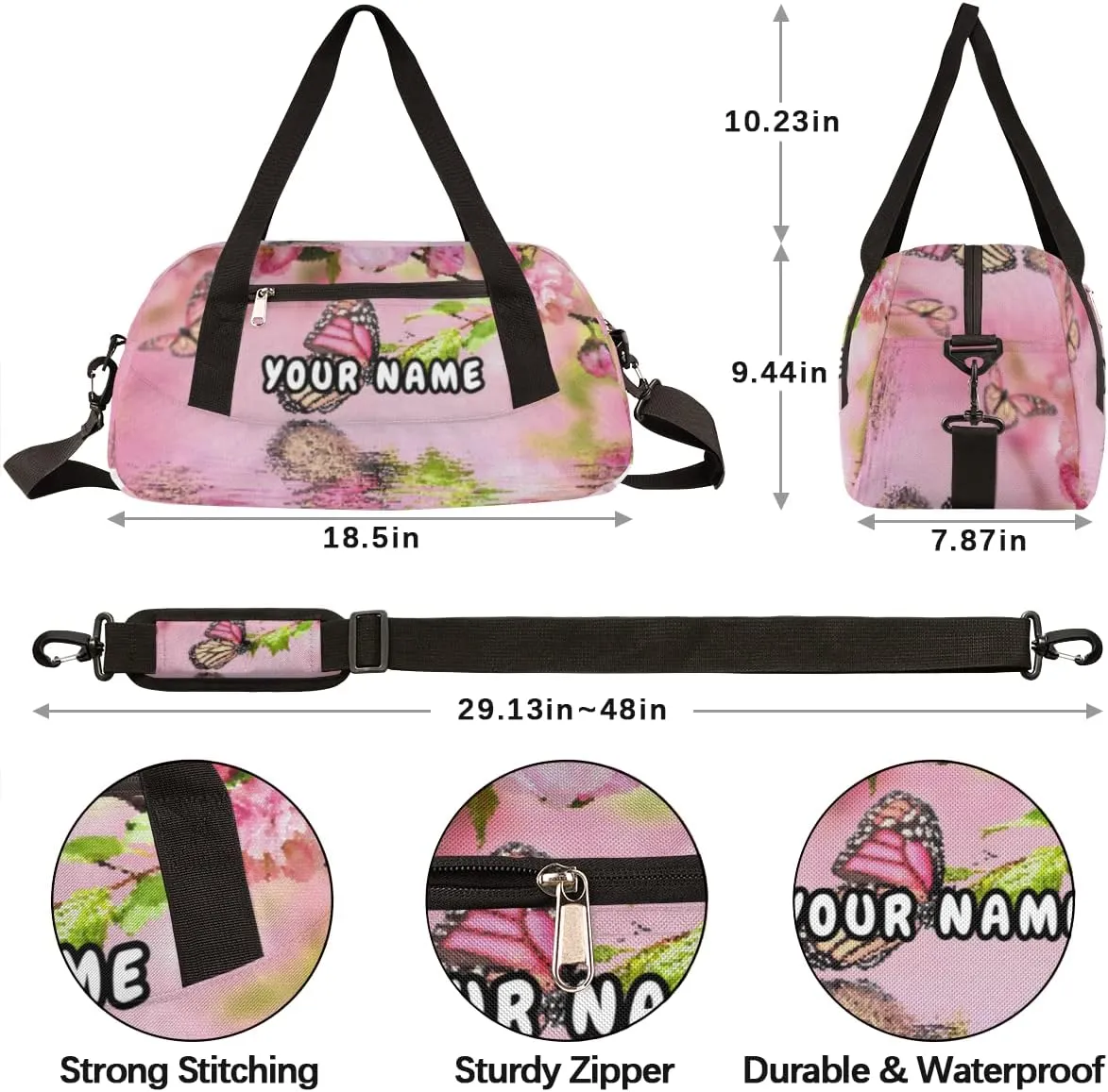 Pink Cherry Flower Butterfly Personalized Kids Duffel Bag for Girls, Butterfly Debris Custom Name Dance Bag Overnight Small Duffel Bag Carry On Sports Travel Bag for School Practice Gymnastics Ballet