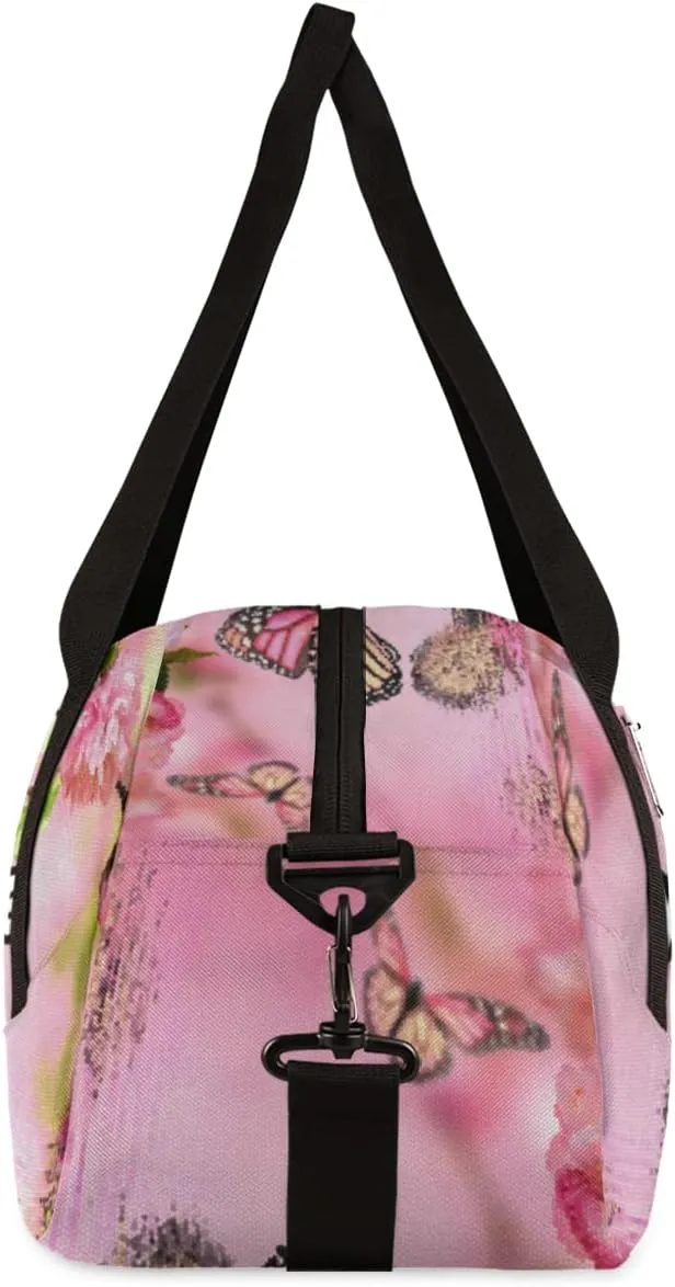 Pink Cherry Flower Butterfly Personalized Kids Duffel Bag for Girls, Butterfly Debris Custom Name Dance Bag Overnight Small Duffel Bag Carry On Sports Travel Bag for School Practice Gymnastics Ballet