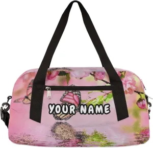 Pink Cherry Flower Butterfly Personalized Kids Duffel Bag for Girls, Butterfly Debris Custom Name Dance Bag Overnight Small Duffel Bag Carry On Sports Travel Bag for School Practice Gymnastics Ballet