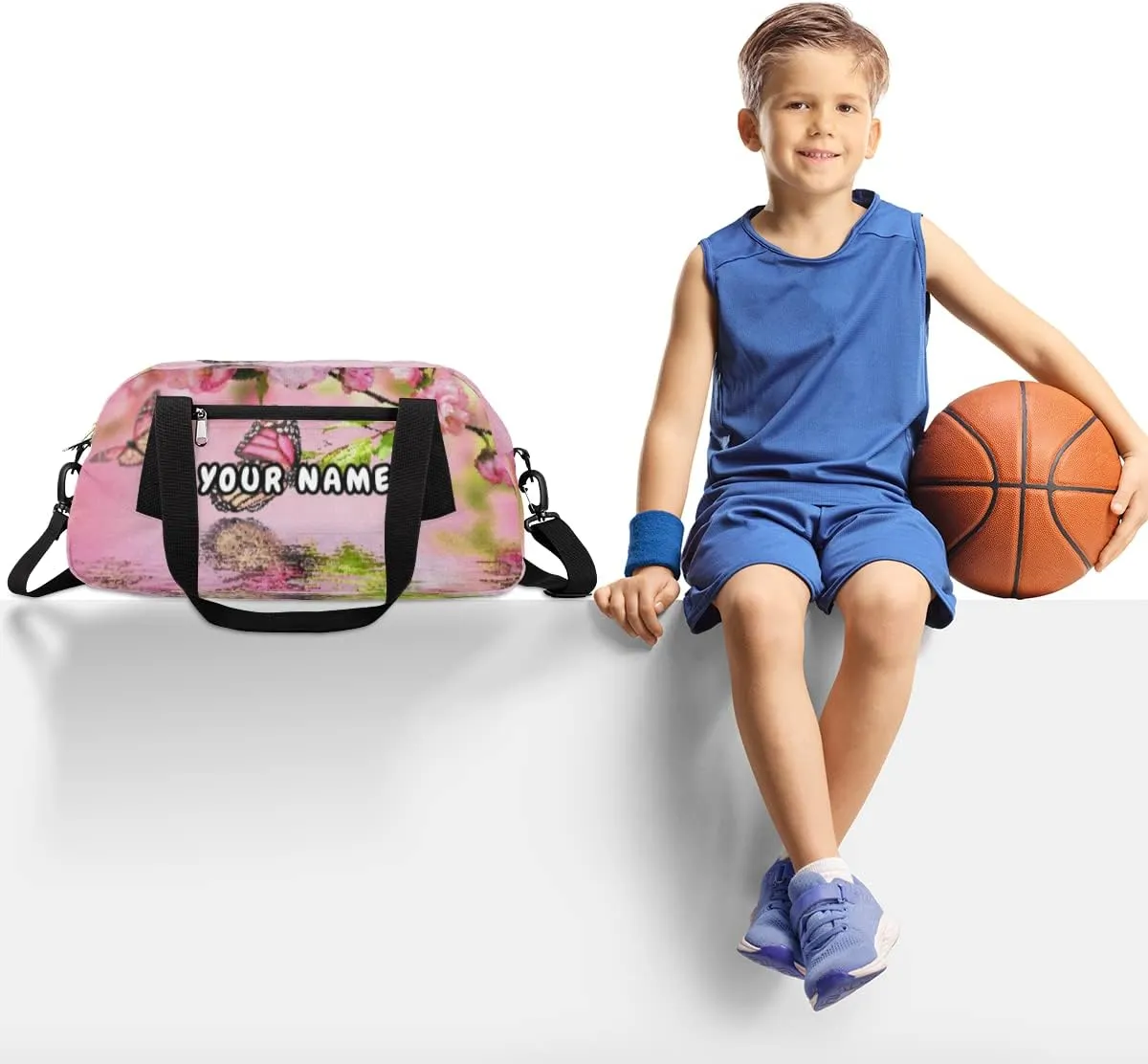 Pink Cherry Flower Butterfly Personalized Kids Duffel Bag for Girls, Butterfly Debris Custom Name Dance Bag Overnight Small Duffel Bag Carry On Sports Travel Bag for School Practice Gymnastics Ballet