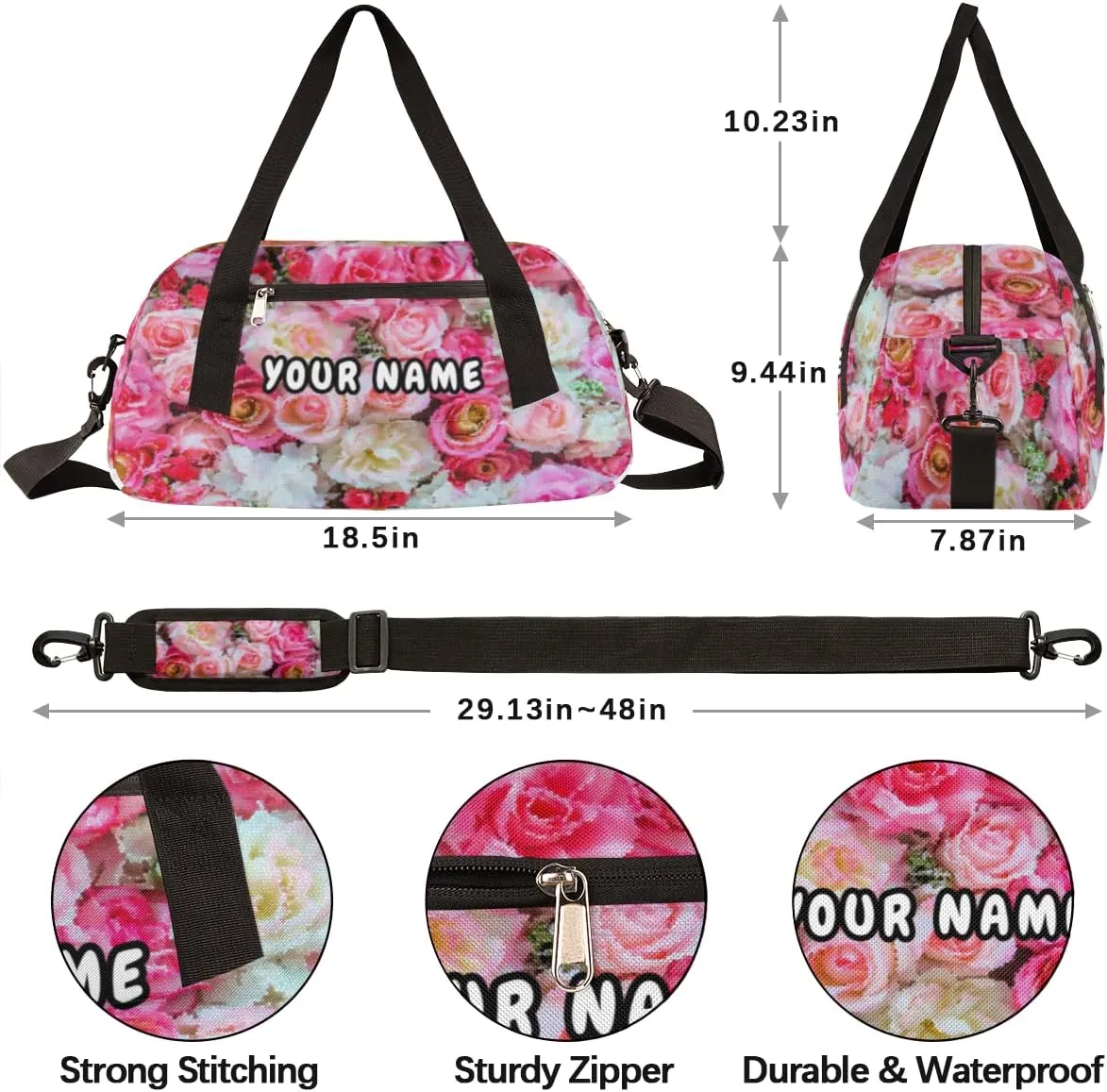 Pink Roses Personalized Kids Duffel Bag for Girls Boys, Roses Debris Custom Name Dance Bag Overnight Small Duffel Bag Carry On Weekend Sports Travel Bag for School Practice Gymnastics Ballet