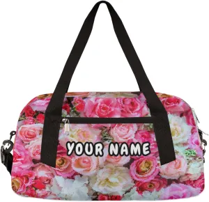 Pink Roses Personalized Kids Duffel Bag for Girls Boys, Roses Debris Custom Name Dance Bag Overnight Small Duffel Bag Carry On Weekend Sports Travel Bag for School Practice Gymnastics Ballet