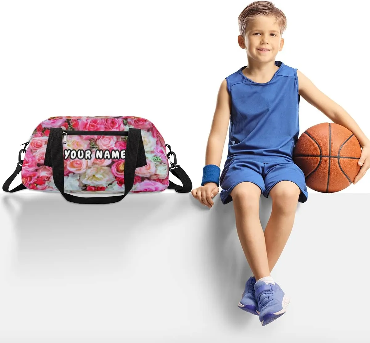 Pink Roses Personalized Kids Duffel Bag for Girls Boys, Roses Debris Custom Name Dance Bag Overnight Small Duffel Bag Carry On Weekend Sports Travel Bag for School Practice Gymnastics Ballet