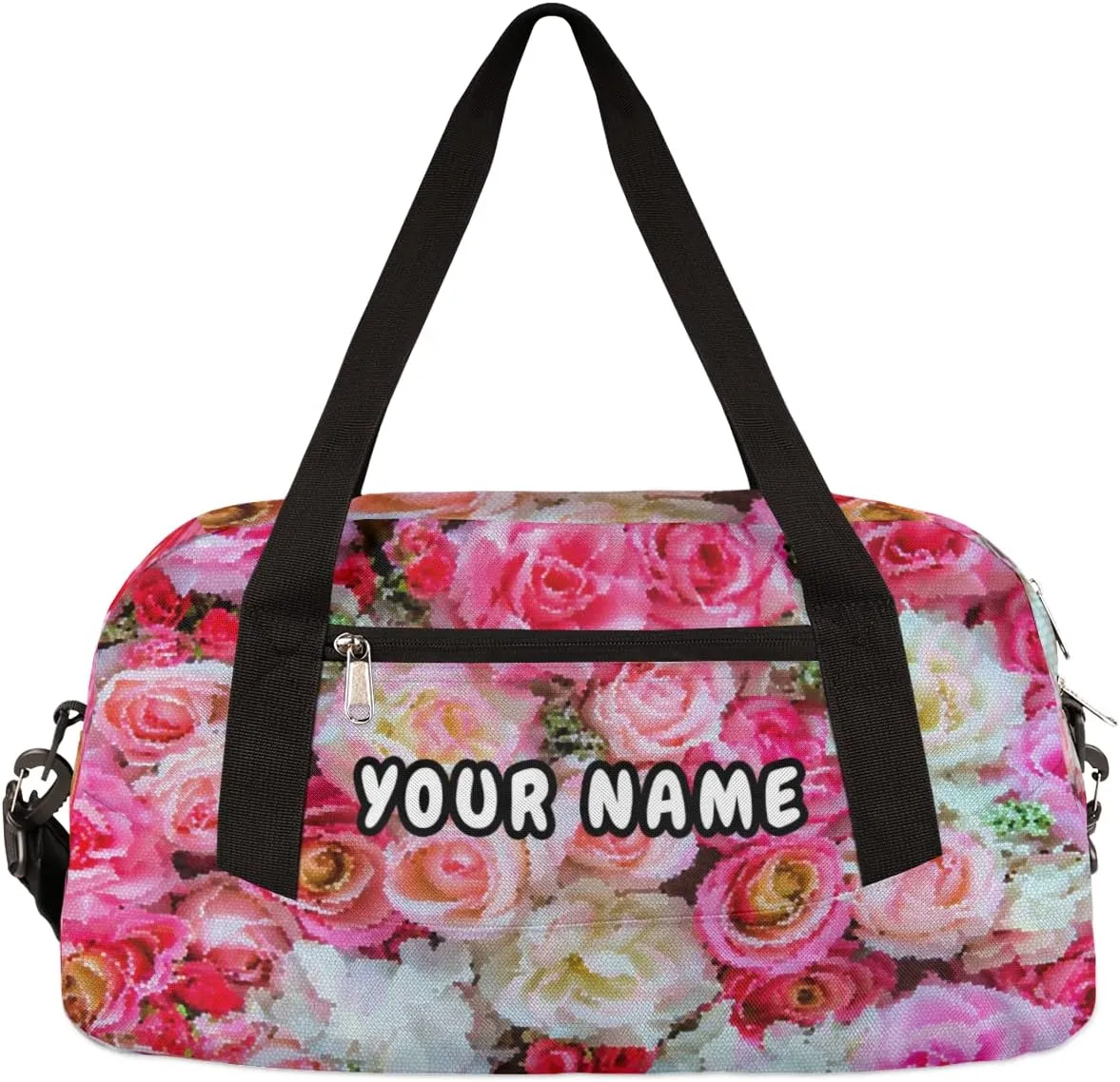 Pink Roses Personalized Kids Duffel Bag for Girls Boys, Roses Debris Custom Name Dance Bag Overnight Small Duffel Bag Carry On Weekend Sports Travel Bag for School Practice Gymnastics Ballet