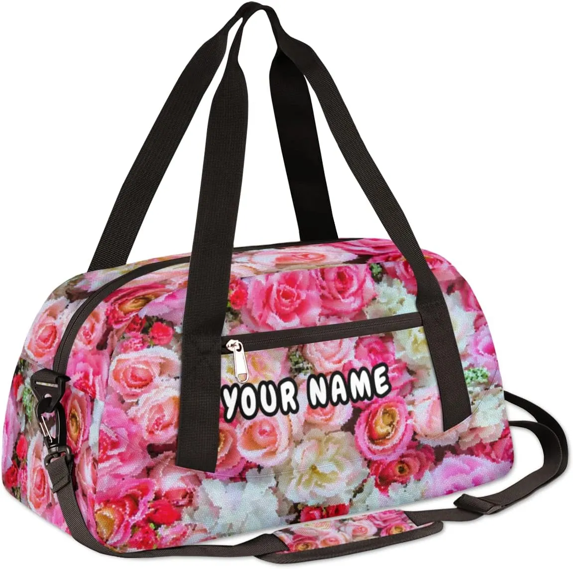 Pink Roses Personalized Kids Duffel Bag for Girls Boys, Roses Debris Custom Name Dance Bag Overnight Small Duffel Bag Carry On Weekend Sports Travel Bag for School Practice Gymnastics Ballet