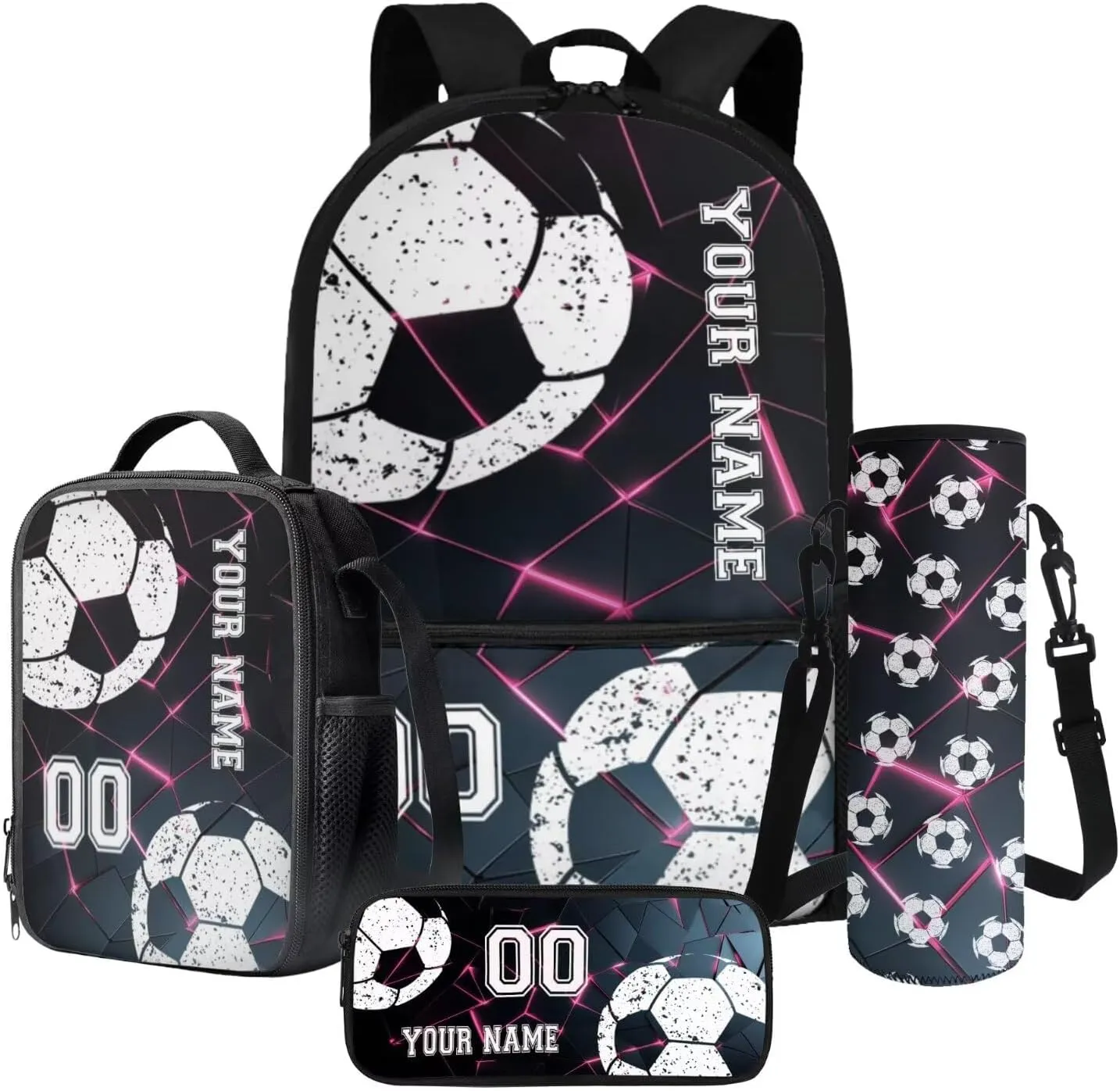 Poceacles 4 PCS School Backpack Sets with Name and Number, Custom Bookbag Athletic Primary Secondary School Rucksack Lunchbag Pencil Case Bottle Bag, Abstract Geometric Pink Black Football Soccer