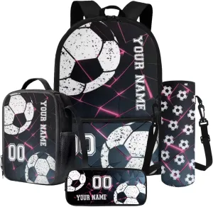 Poceacles 4 PCS School Backpack Sets with Name and Number, Custom Bookbag Athletic Primary Secondary School Rucksack Lunchbag Pencil Case Bottle Bag, Abstract Geometric Pink Black Football Soccer