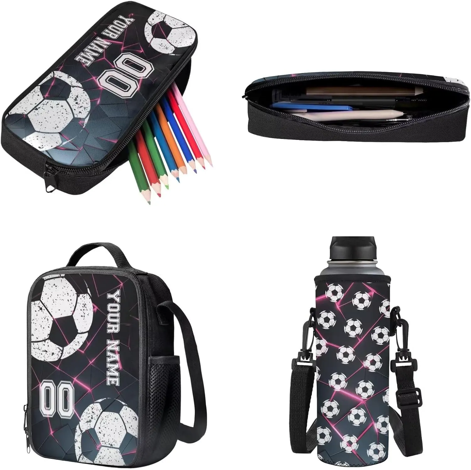Poceacles 4 PCS School Backpack Sets with Name and Number, Custom Bookbag Athletic Primary Secondary School Rucksack Lunchbag Pencil Case Bottle Bag, Abstract Geometric Pink Black Football Soccer