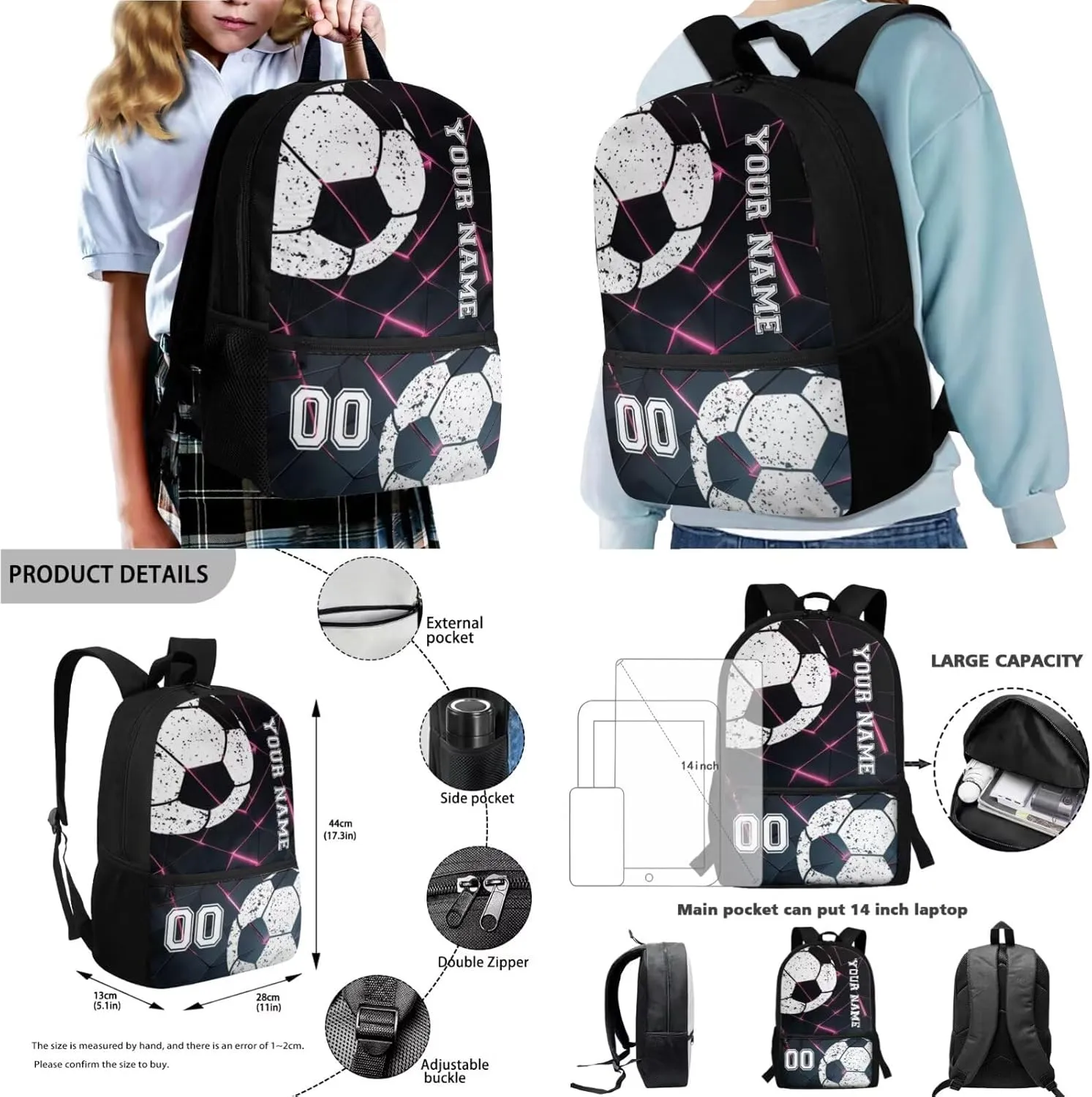 Poceacles 4 PCS School Backpack Sets with Name and Number, Custom Bookbag Athletic Primary Secondary School Rucksack Lunchbag Pencil Case Bottle Bag, Abstract Geometric Pink Black Football Soccer