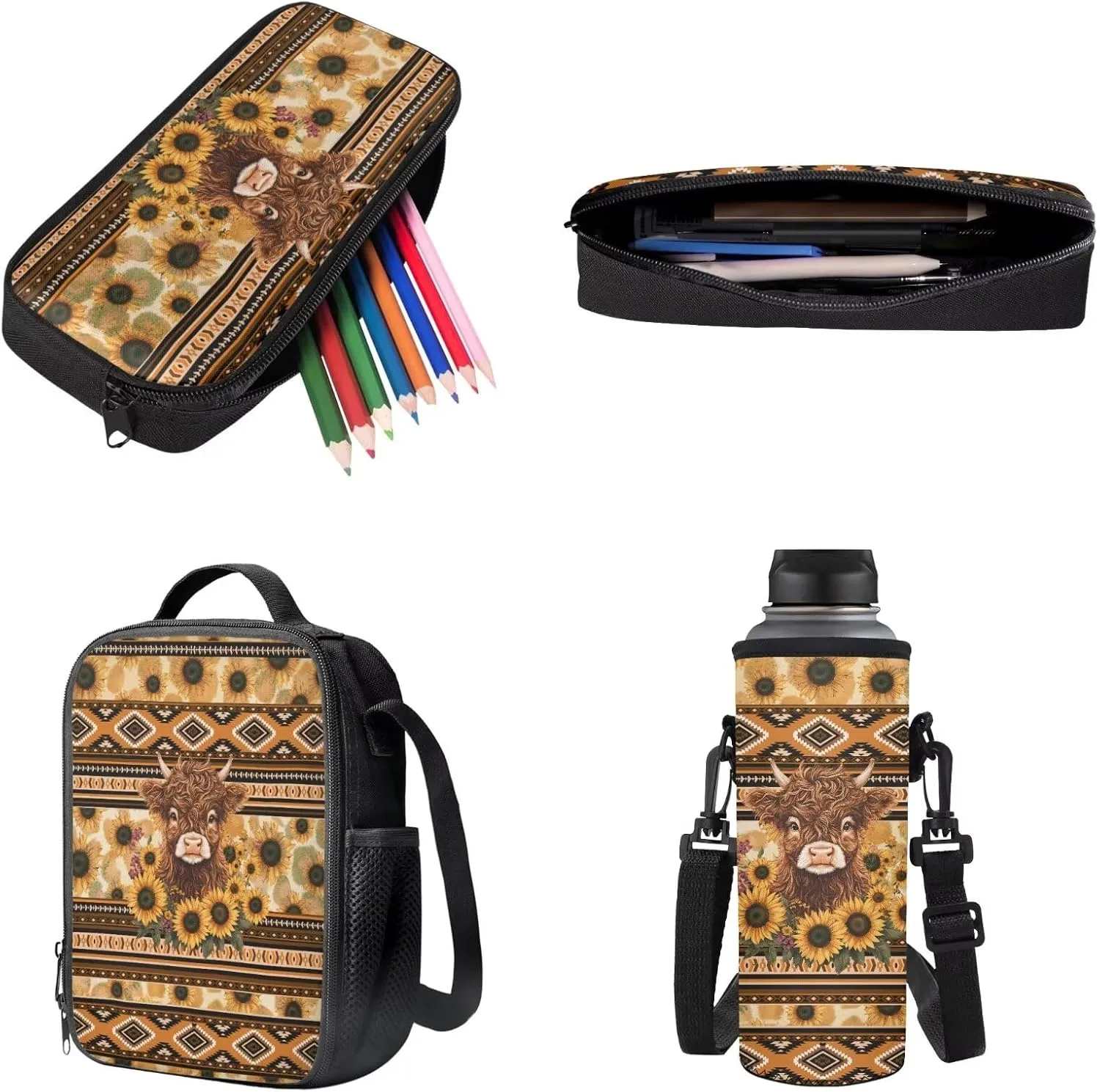 Poceacles 4 Pieces School Backpack Set for Kids, Stylish Schoolbag with Lunch Box Bag, Water Bottle Carrier Pouch, Pencil Case, for Boys Girls Teenagers, Aztec Highland Cow Calf Sunflower