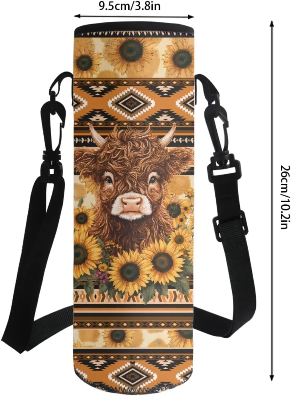 Poceacles 4 Pieces School Backpack Set for Kids, Stylish Schoolbag with Lunch Box Bag, Water Bottle Carrier Pouch, Pencil Case, for Boys Girls Teenagers, Aztec Highland Cow Calf Sunflower