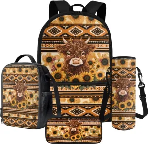 Poceacles 4 Pieces School Backpack Set for Kids, Stylish Schoolbag with Lunch Box Bag, Water Bottle Carrier Pouch, Pencil Case, for Boys Girls Teenagers, Aztec Highland Cow Calf Sunflower
