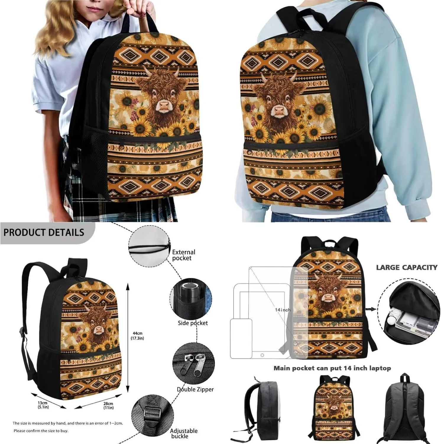 Poceacles 4 Pieces School Backpack Set for Kids, Stylish Schoolbag with Lunch Box Bag, Water Bottle Carrier Pouch, Pencil Case, for Boys Girls Teenagers, Aztec Highland Cow Calf Sunflower