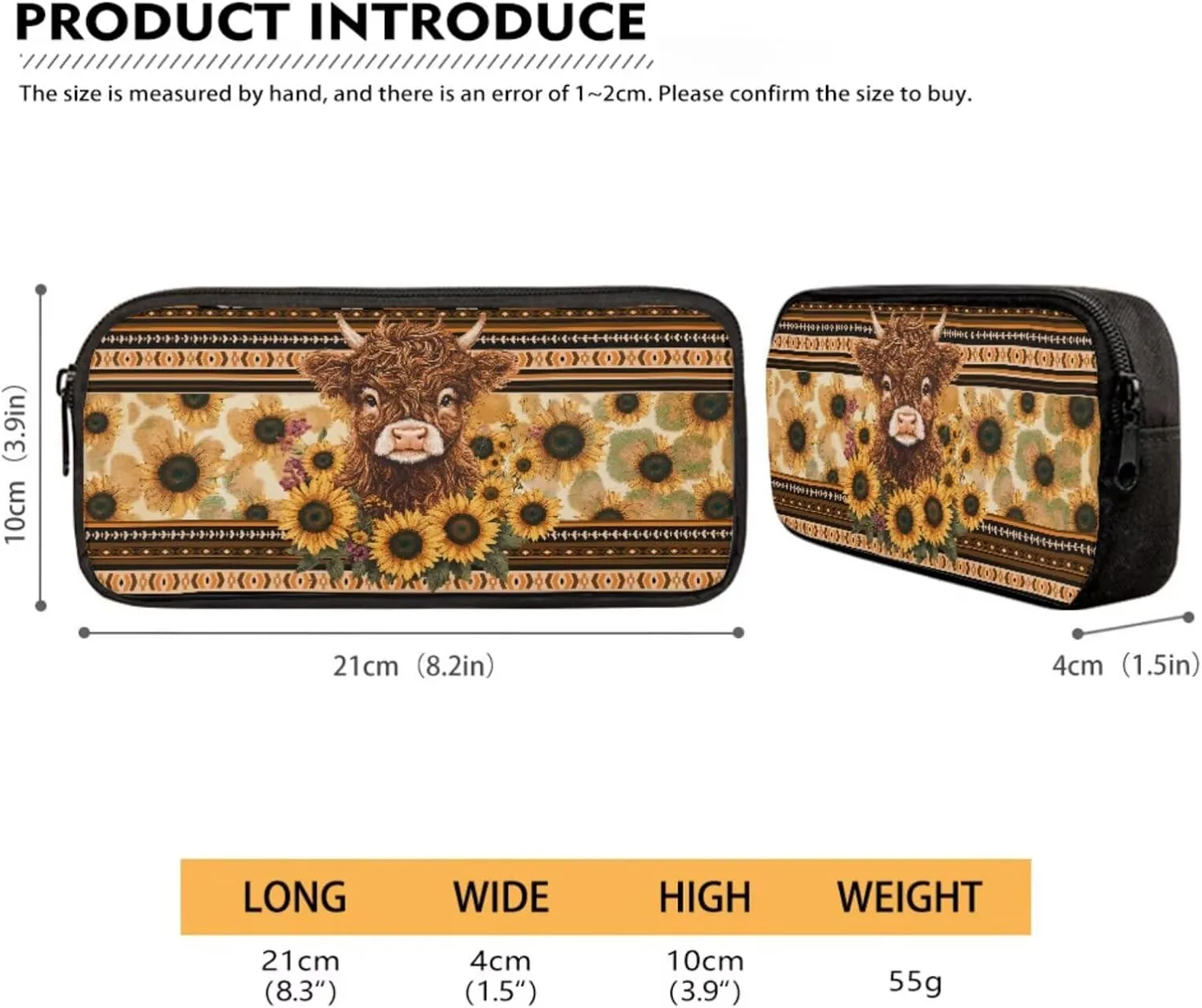 Poceacles 4 Pieces School Backpack Set for Kids, Stylish Schoolbag with Lunch Box Bag, Water Bottle Carrier Pouch, Pencil Case, for Boys Girls Teenagers, Aztec Highland Cow Calf Sunflower