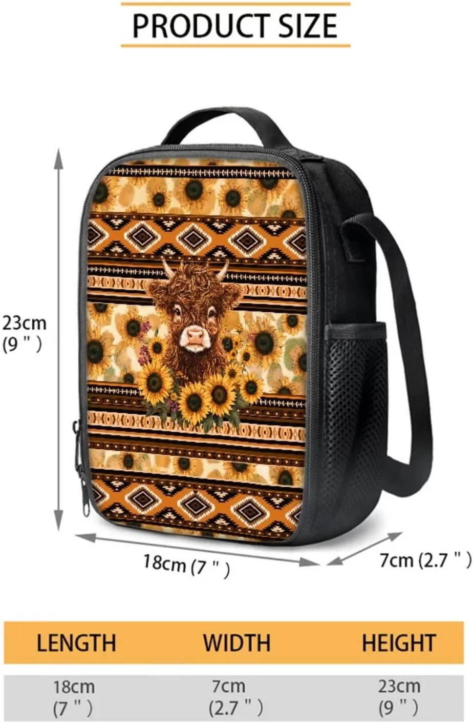 Poceacles 4 Pieces School Backpack Set for Kids, Stylish Schoolbag with Lunch Box Bag, Water Bottle Carrier Pouch, Pencil Case, for Boys Girls Teenagers, Aztec Highland Cow Calf Sunflower
