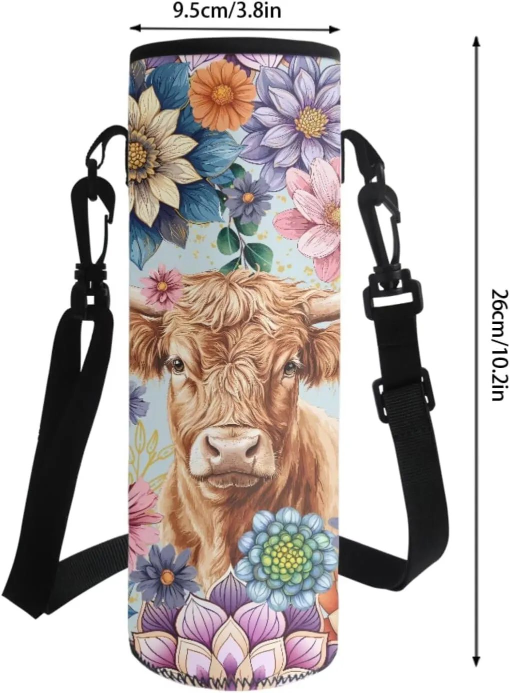 Poceacles Childrens Backpack 4 Piece Schoolbag Set Including Lunchbag Water Bottle Carrier Bag Pencil Case Stylish Portable Rucksack for Primary Secondary School College, Boho Highland Cow Flower