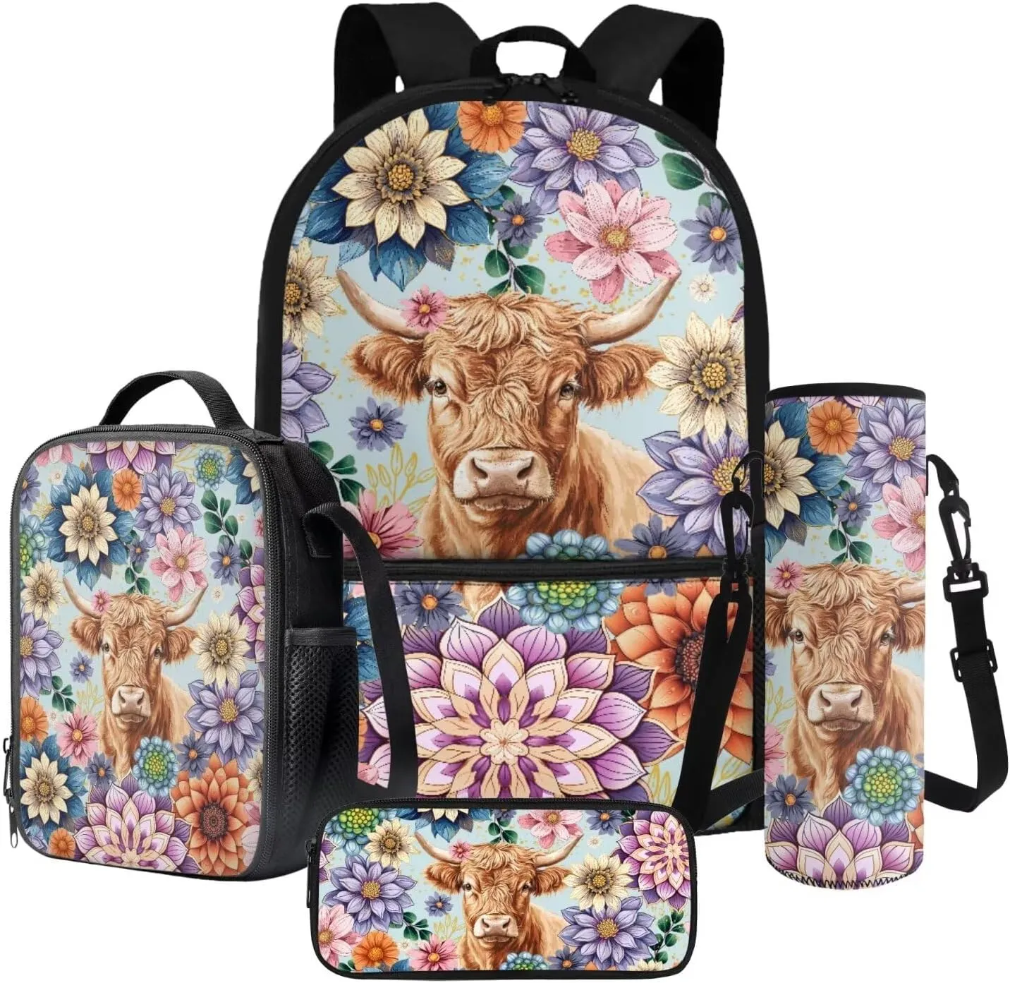 Poceacles Childrens Backpack 4 Piece Schoolbag Set Including Lunchbag Water Bottle Carrier Bag Pencil Case Stylish Portable Rucksack for Primary Secondary School College, Boho Highland Cow Flower