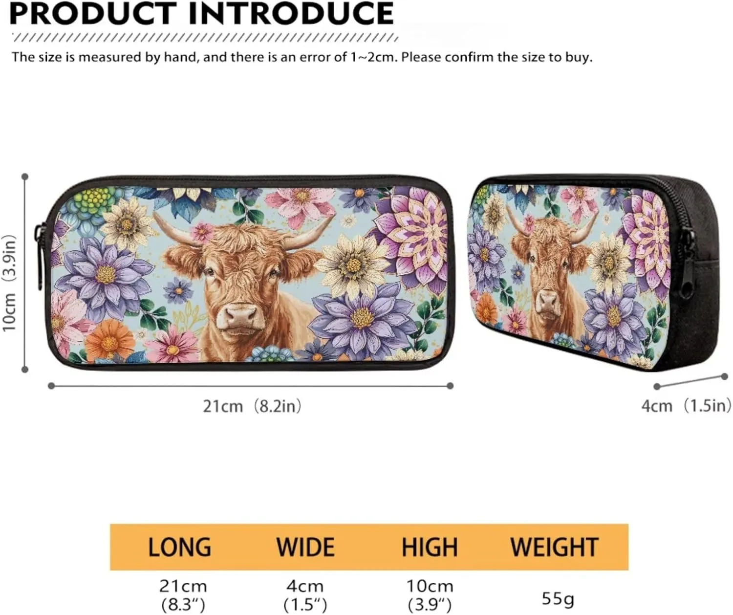 Poceacles Childrens Backpack 4 Piece Schoolbag Set Including Lunchbag Water Bottle Carrier Bag Pencil Case Stylish Portable Rucksack for Primary Secondary School College, Boho Highland Cow Flower