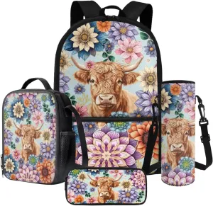 Poceacles Childrens Backpack 4 Piece Schoolbag Set Including Lunchbag Water Bottle Carrier Bag Pencil Case Stylish Portable Rucksack for Primary Secondary School College, Boho Highland Cow Flower