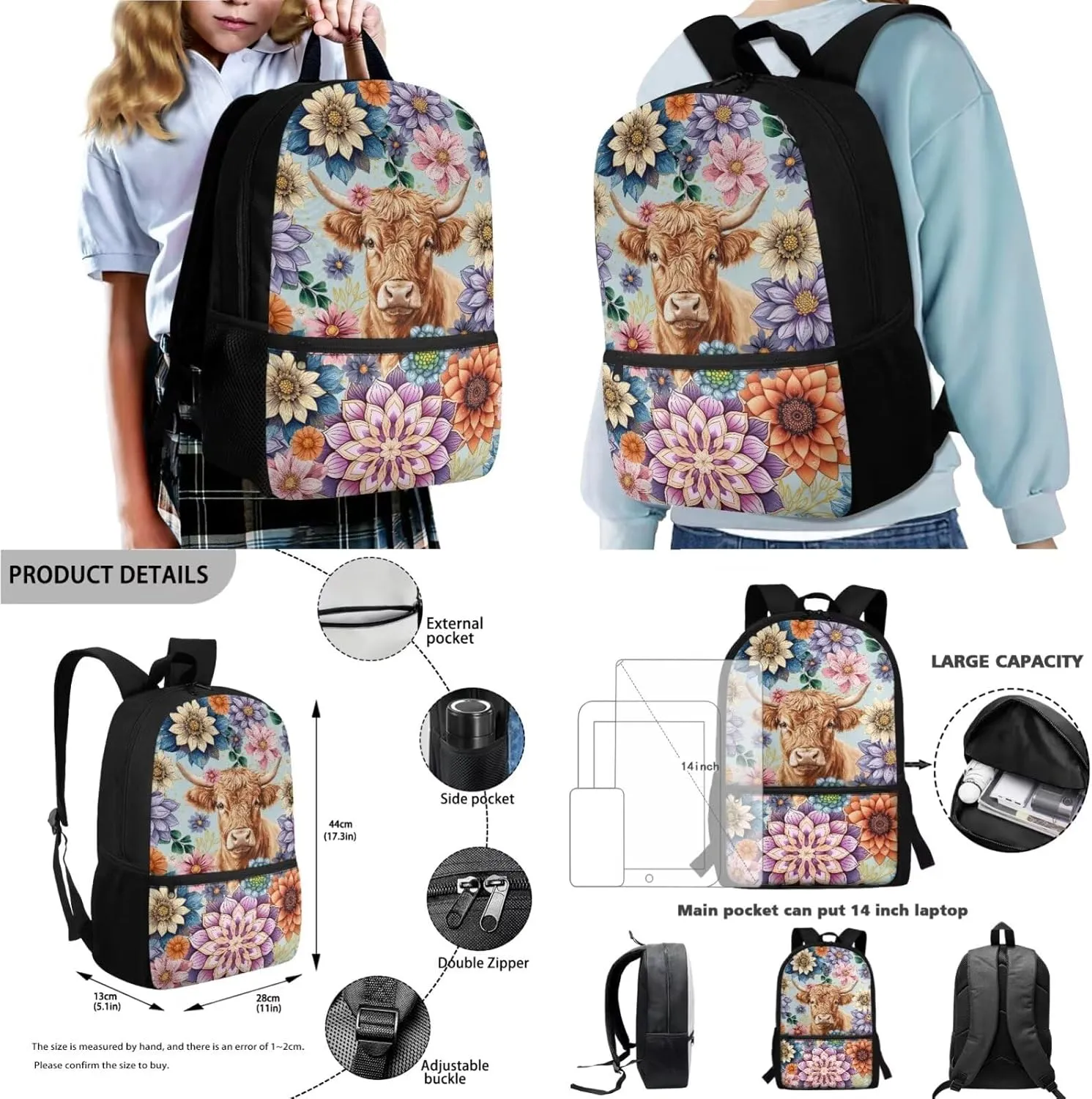 Poceacles Childrens Backpack 4 Piece Schoolbag Set Including Lunchbag Water Bottle Carrier Bag Pencil Case Stylish Portable Rucksack for Primary Secondary School College, Boho Highland Cow Flower