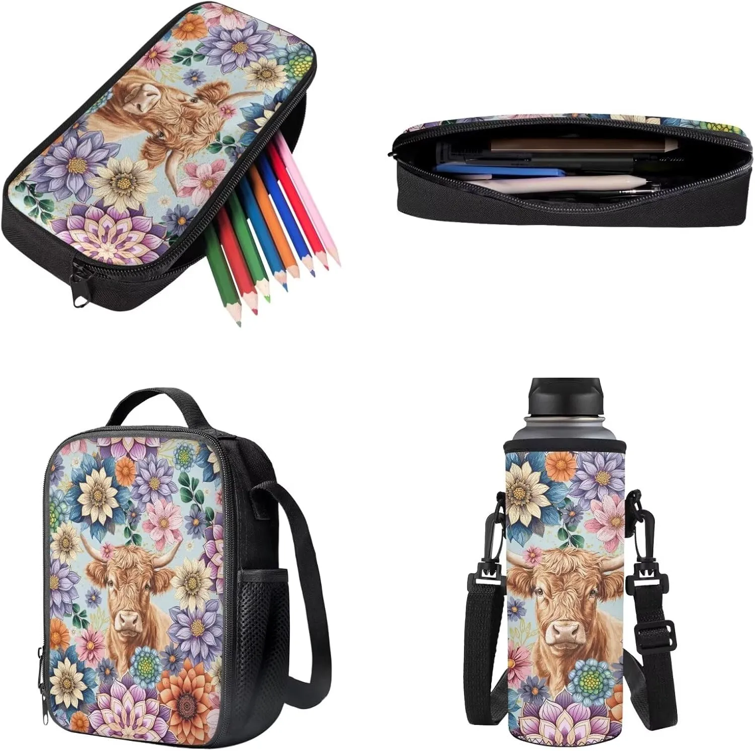Poceacles Childrens Backpack 4 Piece Schoolbag Set Including Lunchbag Water Bottle Carrier Bag Pencil Case Stylish Portable Rucksack for Primary Secondary School College, Boho Highland Cow Flower