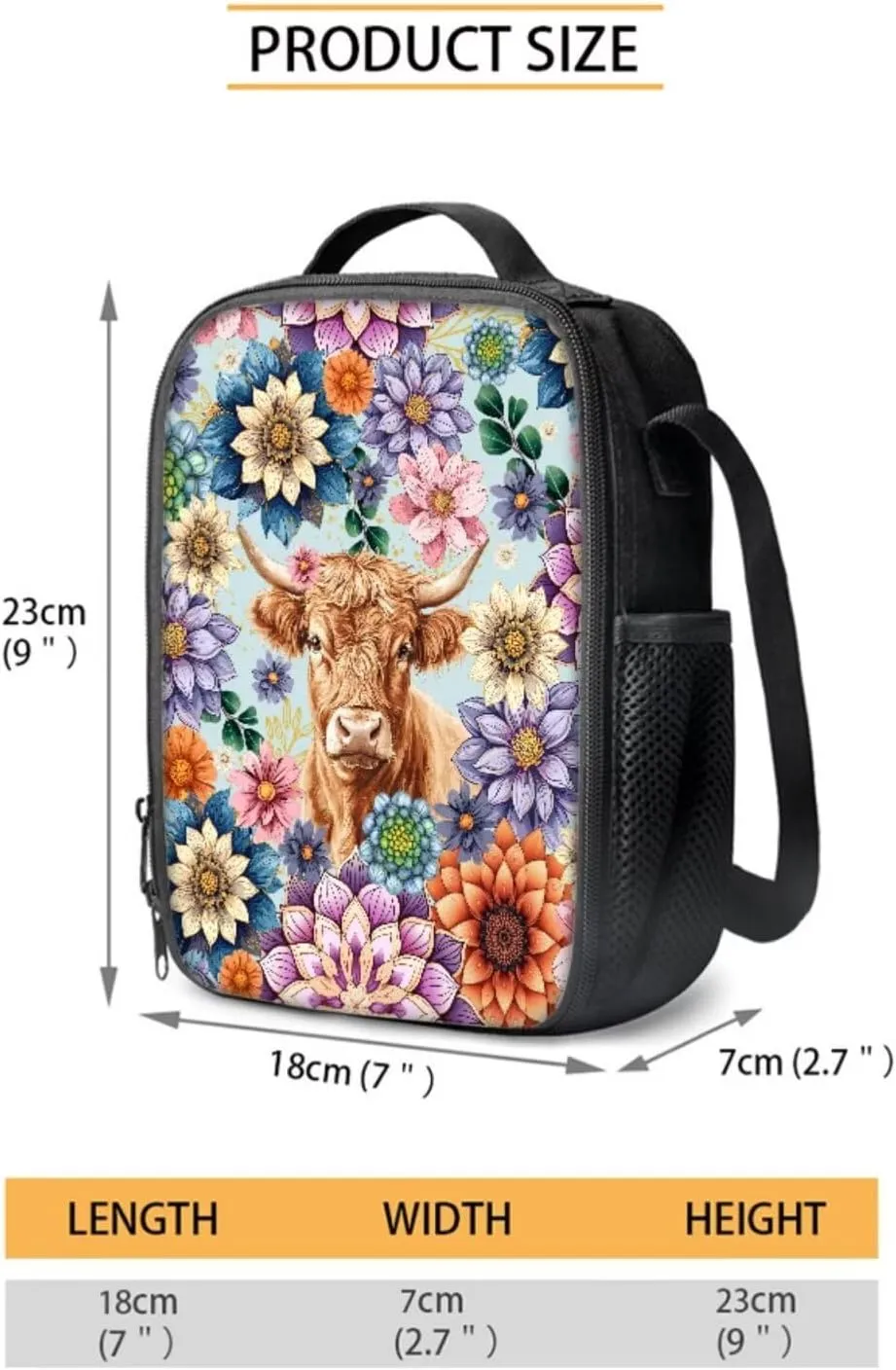 Poceacles Childrens Backpack 4 Piece Schoolbag Set Including Lunchbag Water Bottle Carrier Bag Pencil Case Stylish Portable Rucksack for Primary Secondary School College, Boho Highland Cow Flower